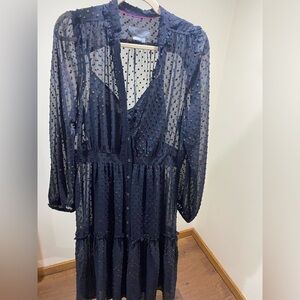 Anthropologie Flowy Black Midi Dress with Multicolor Polka Dots with Slip